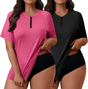2 Pack Women's Plus Size Quick Dry Rash Guard Half Zip Swimsuit Short Sleeve Swim Shirt Tops Sun Protection