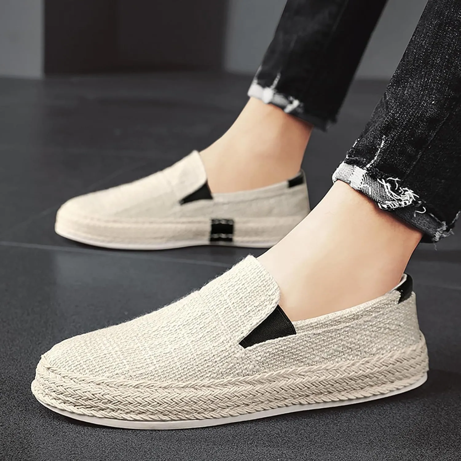 2025 Summer Men's Lazy Linen Casual Shoes Korean Students with A Straw Woven Board Shoes Men Dress Leather Sneaker