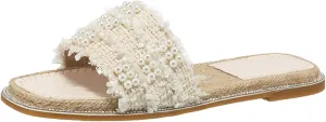 Aceptolcom Women Pearl Flat Sandals Slides,Trendy Comfort Square Open Toe Rhinestones Dressy Summer Beach Sandals Slippers Slip On Slides