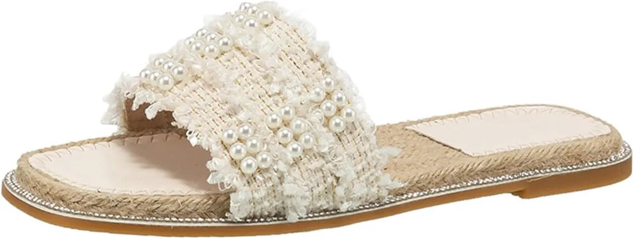Aceptolcom Women Pearl Flat Sandals Slides,Trendy Comfort Square Open Toe Rhinestones Dressy Summer Beach Sandals Slippers Slip On Slides