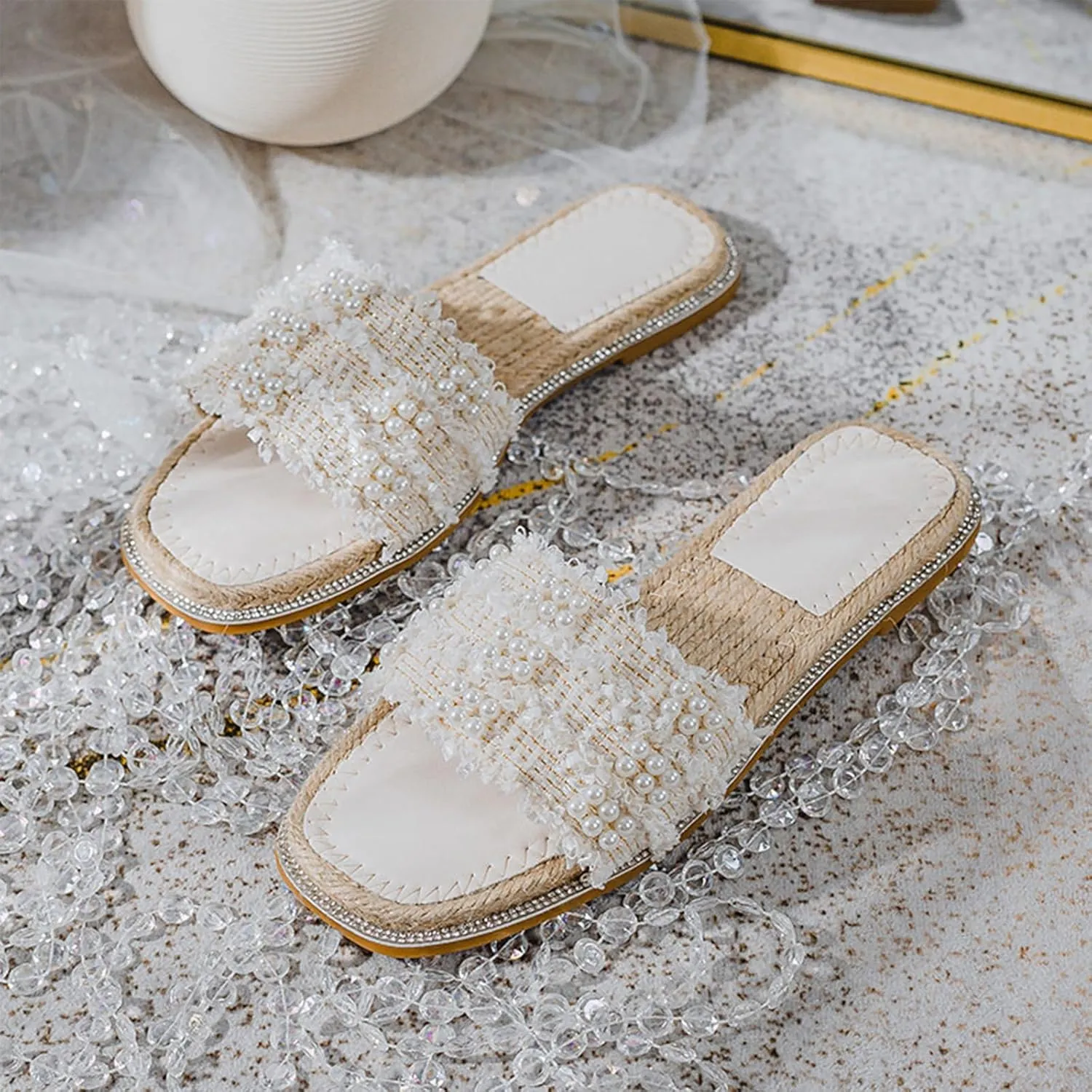 Aceptolcom Women Pearl Flat Sandals Slides,Trendy Comfort Square Open Toe Rhinestones Dressy Summer Beach Sandals Slippers Slip On Slides