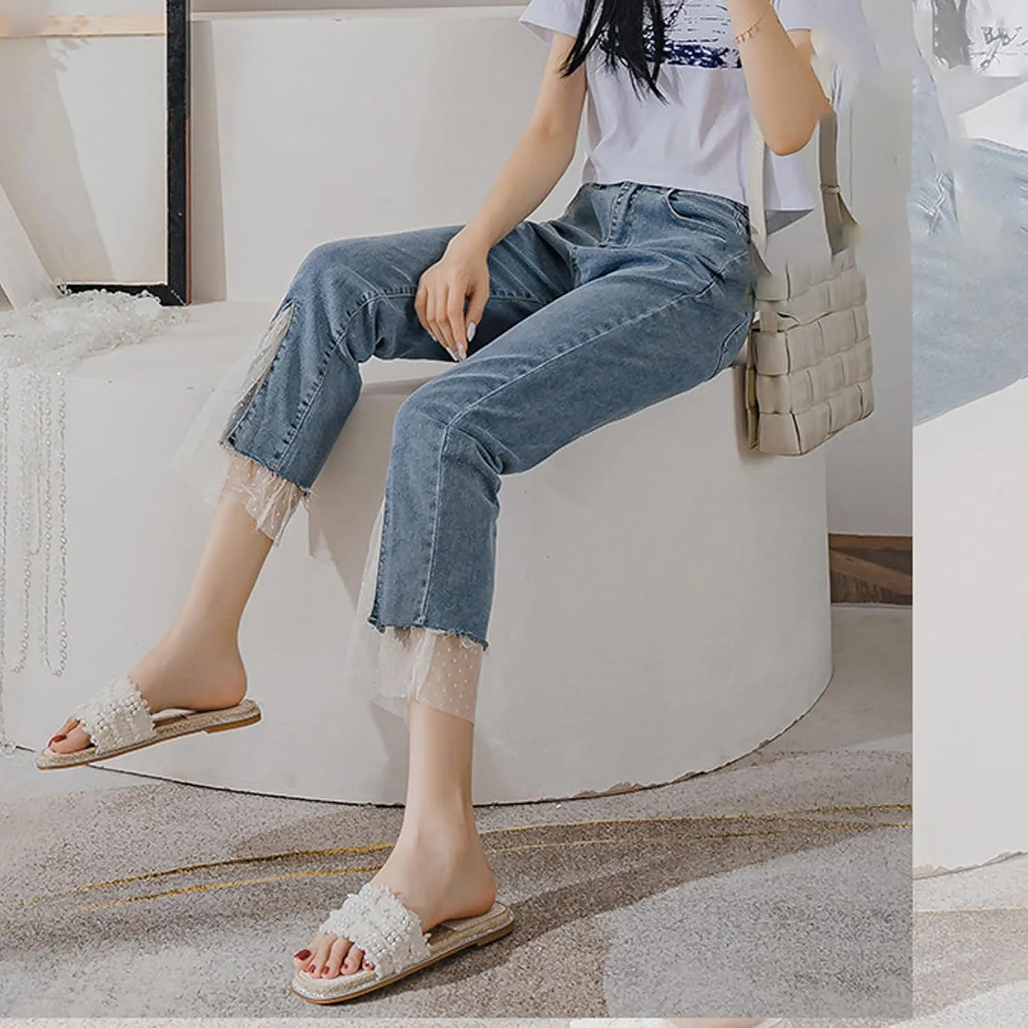 Aceptolcom Women Pearl Flat Sandals Slides,Trendy Comfort Square Open Toe Rhinestones Dressy Summer Beach Sandals Slippers Slip On Slides
