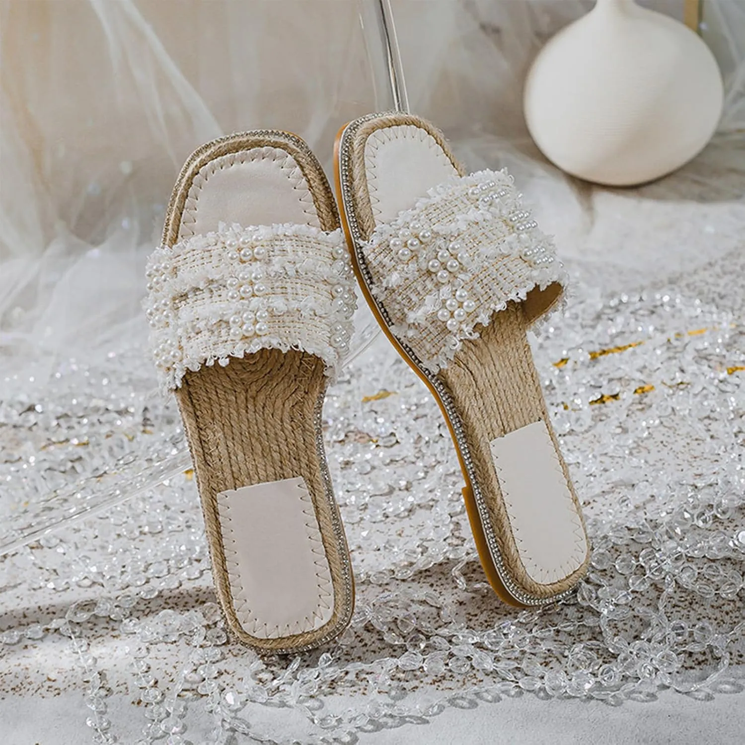 Aceptolcom Women Pearl Flat Sandals Slides,Trendy Comfort Square Open Toe Rhinestones Dressy Summer Beach Sandals Slippers Slip On Slides