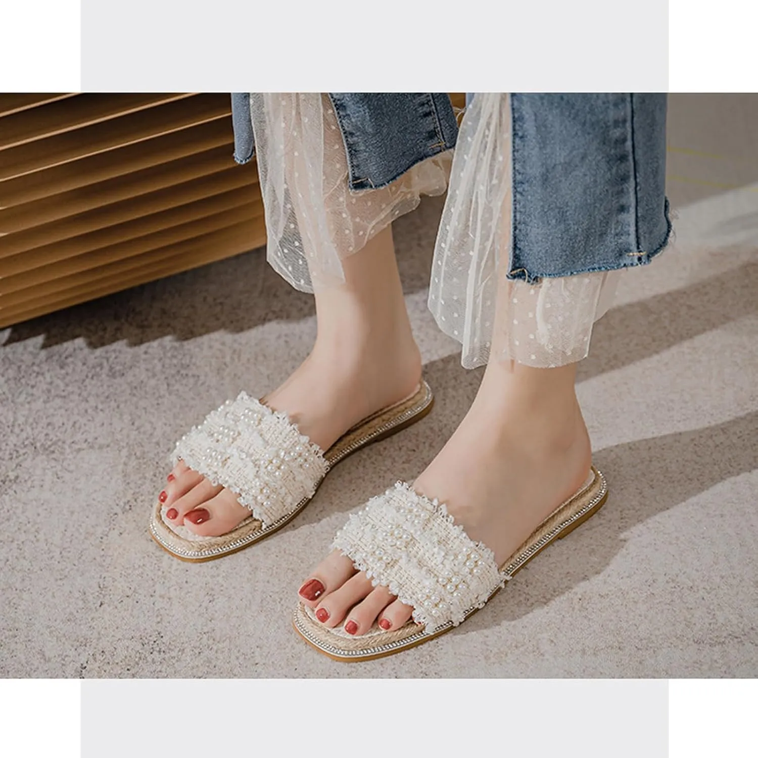 Aceptolcom Women Pearl Flat Sandals Slides,Trendy Comfort Square Open Toe Rhinestones Dressy Summer Beach Sandals Slippers Slip On Slides