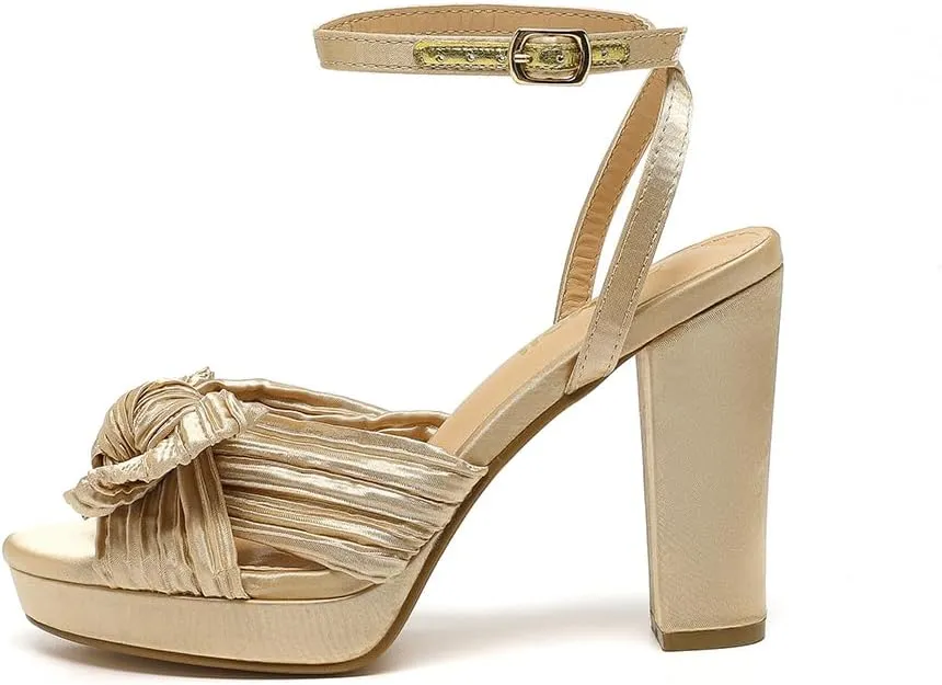 Amoji Women's Chunky Platform Heels 4'' Bowknot Heeled Sandal Wedding With Ankle Strap 302F4