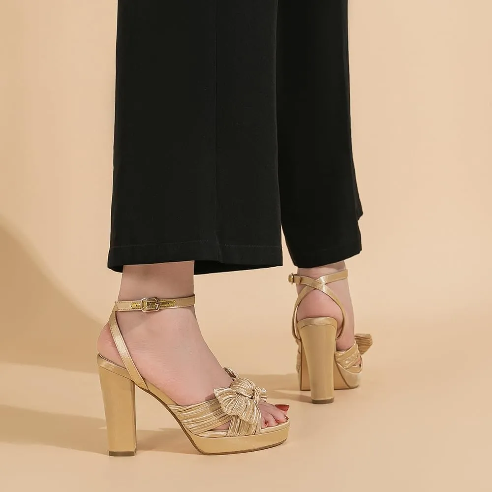 Amoji Women's Chunky Platform Heels 4'' Bowknot Heeled Sandal Wedding With Ankle Strap 302F4