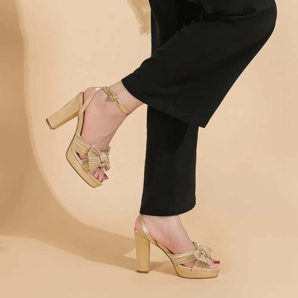 Amoji Women's Chunky Platform Heels 4'' Bowknot Heeled Sandal Wedding With Ankle Strap 302F4