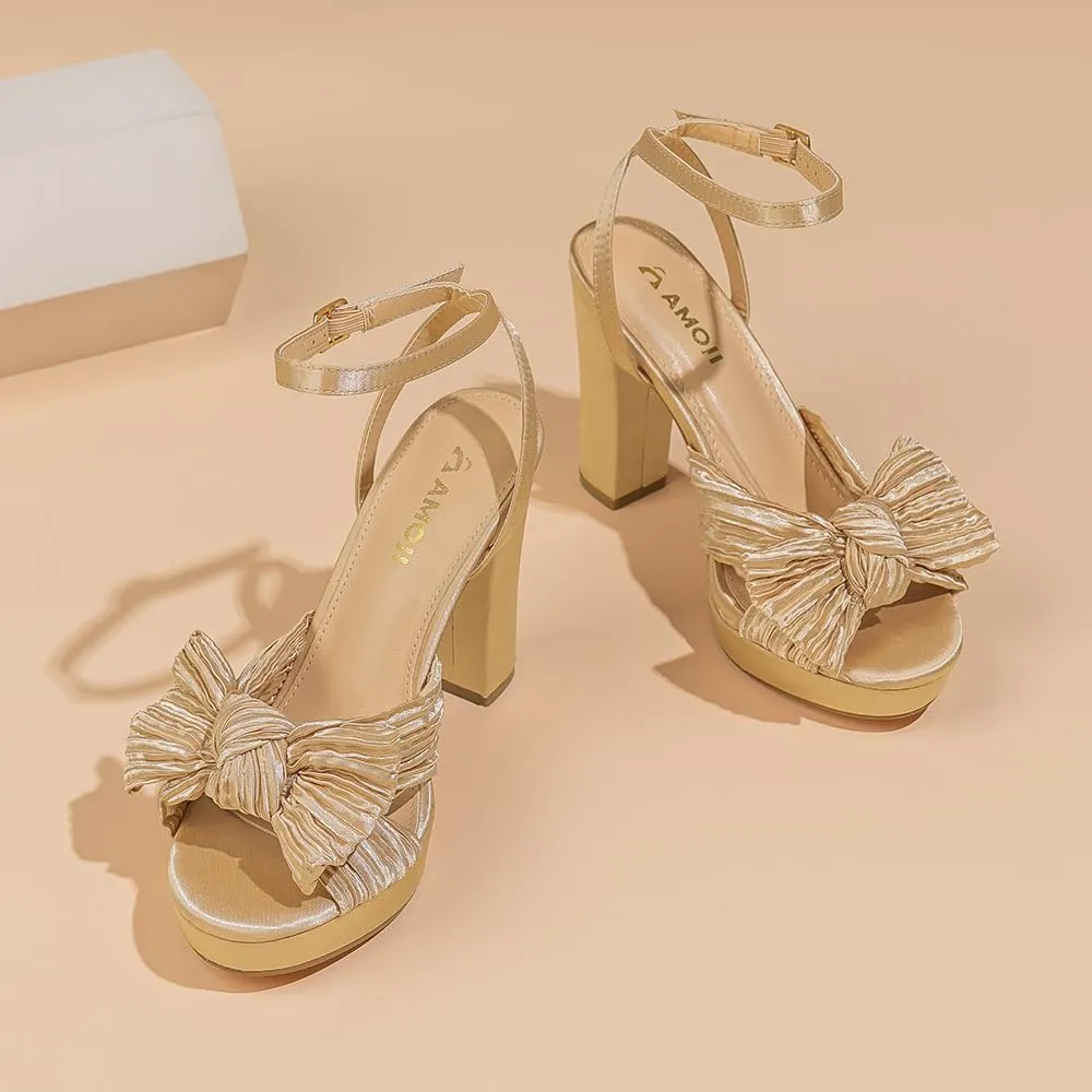 Amoji Women's Chunky Platform Heels 4'' Bowknot Heeled Sandal Wedding With Ankle Strap 302F4