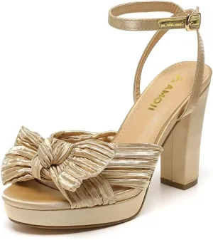Amoji Women's Chunky Platform Heels 4'' Bowknot Heeled Sandal Wedding With Ankle Strap 302F4