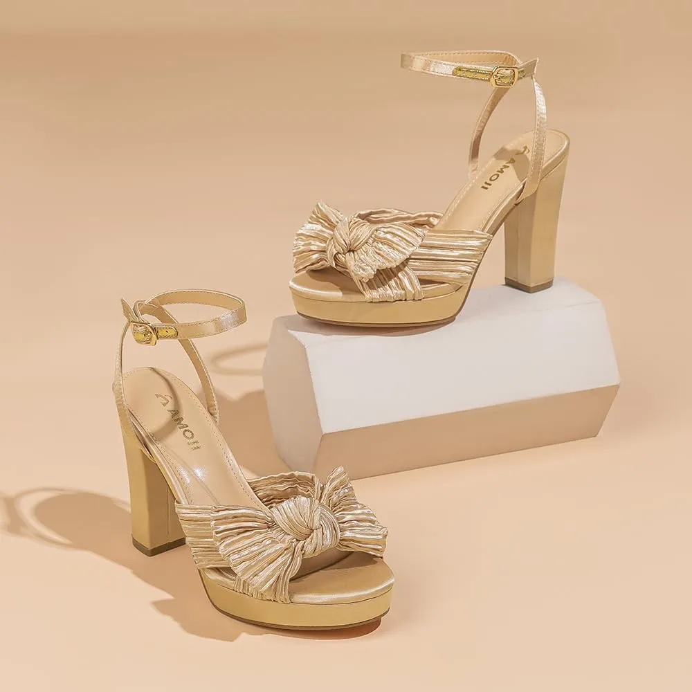 Amoji Women's Chunky Platform Heels 4'' Bowknot Heeled Sandal Wedding With Ankle Strap 302F4
