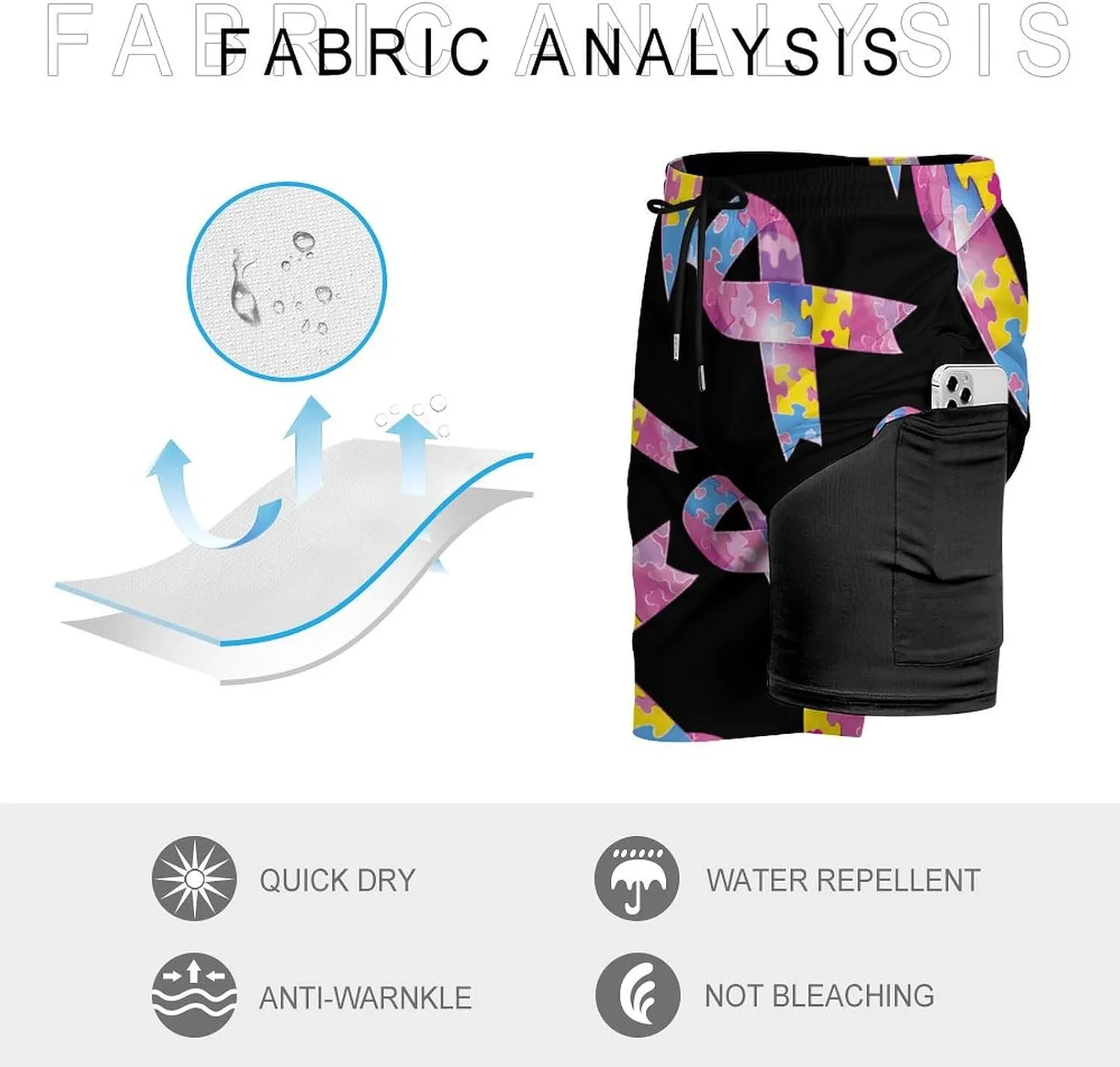 Autism Awareness Ribbons Men's Swim Trunks Quick Dry Board Shorts Swimwear Beach Shorts with Compression Liner