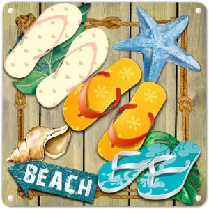 Beach Sandals Tin Plaque Retro Hemp Rope Wood Grain Metal Plaque Colorful Summer Theme Decor Iron Painting Personalized Chic Sign Retro Hallway Living Room Garden Cafe Shop Decor 12x12in