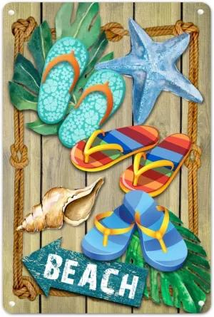 Beach Sandals Tin Sign Novelty Personalized Metal Plaque Retro Hemp Rope Wood Grain Southern Style Art Travel Souvenirs Decor Iron Painting Ocean Themed Decor for Hallway Bedroom Motorhomes Pub 12x8in