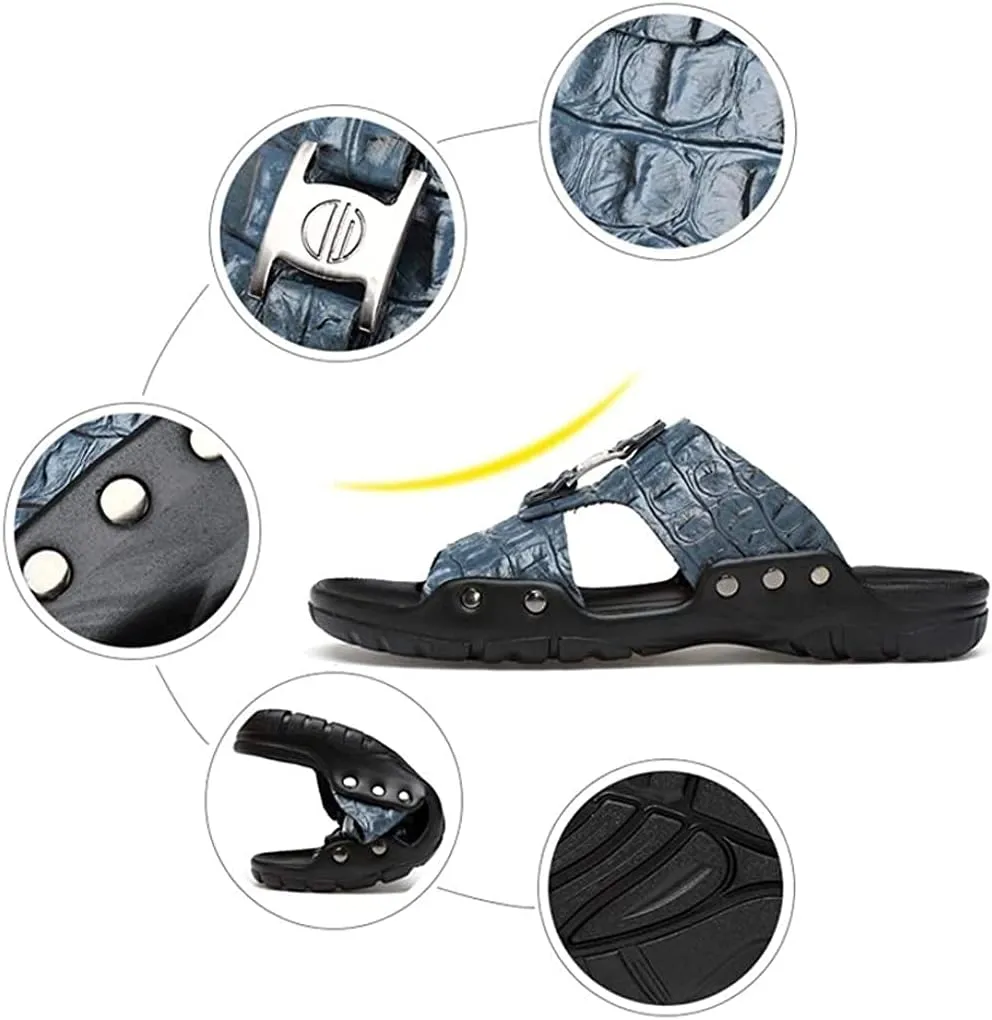 Beach Slippers Men's Textured Leather Slide Sandals Flat Sandals Anti-Slip Wear-Resistant Large Slippers Shoes Bath Slippers (Color : White Size : 47 EU) (Haze Blue 42 EU)