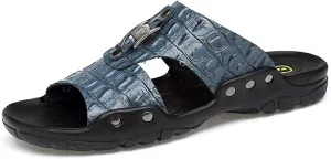Beach Slippers Men's Textured Leather Slide Sandals Flat Sandals Anti-Slip Wear-Resistant Large Slippers Shoes Bath Slippers (Color : White Size : 47 EU) (Haze Blue 42 EU)