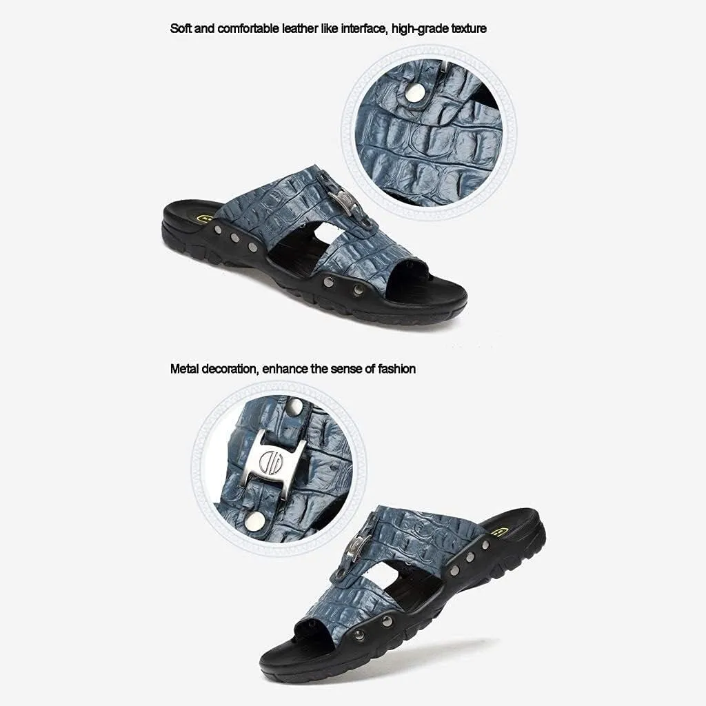 Beach Slippers Men's Textured Leather Slide Sandals Flat Sandals Anti-Slip Wear-Resistant Large Slippers Shoes Bath Slippers (Color : White Size : 47 EU) (Haze Blue 42 EU)