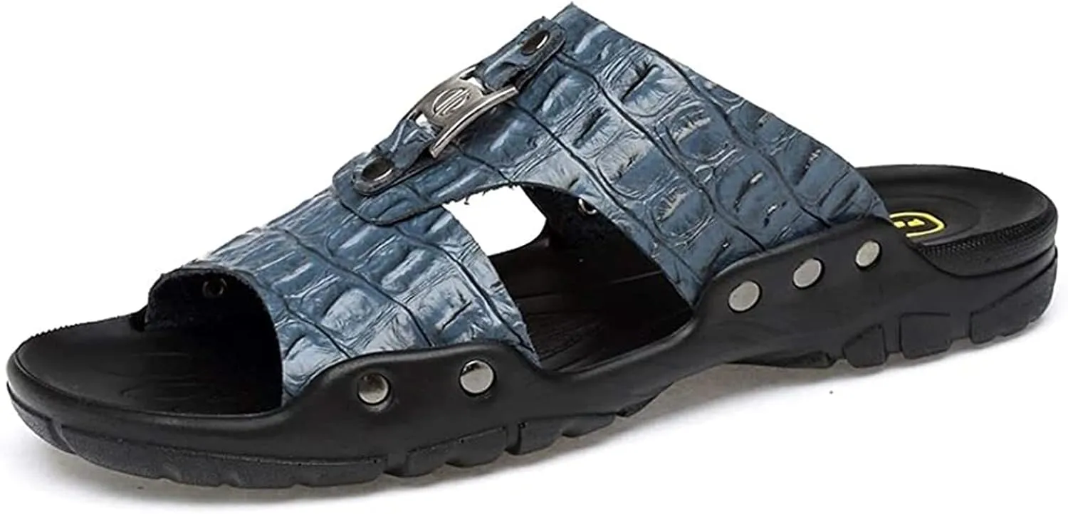Beach Slippers Men's Textured Leather Slide Sandals Flat Sandals Anti-Slip Wear-Resistant Large Slippers Shoes Bath Slippers (Color : White Size : 47 EU) (Haze Blue 42 EU)