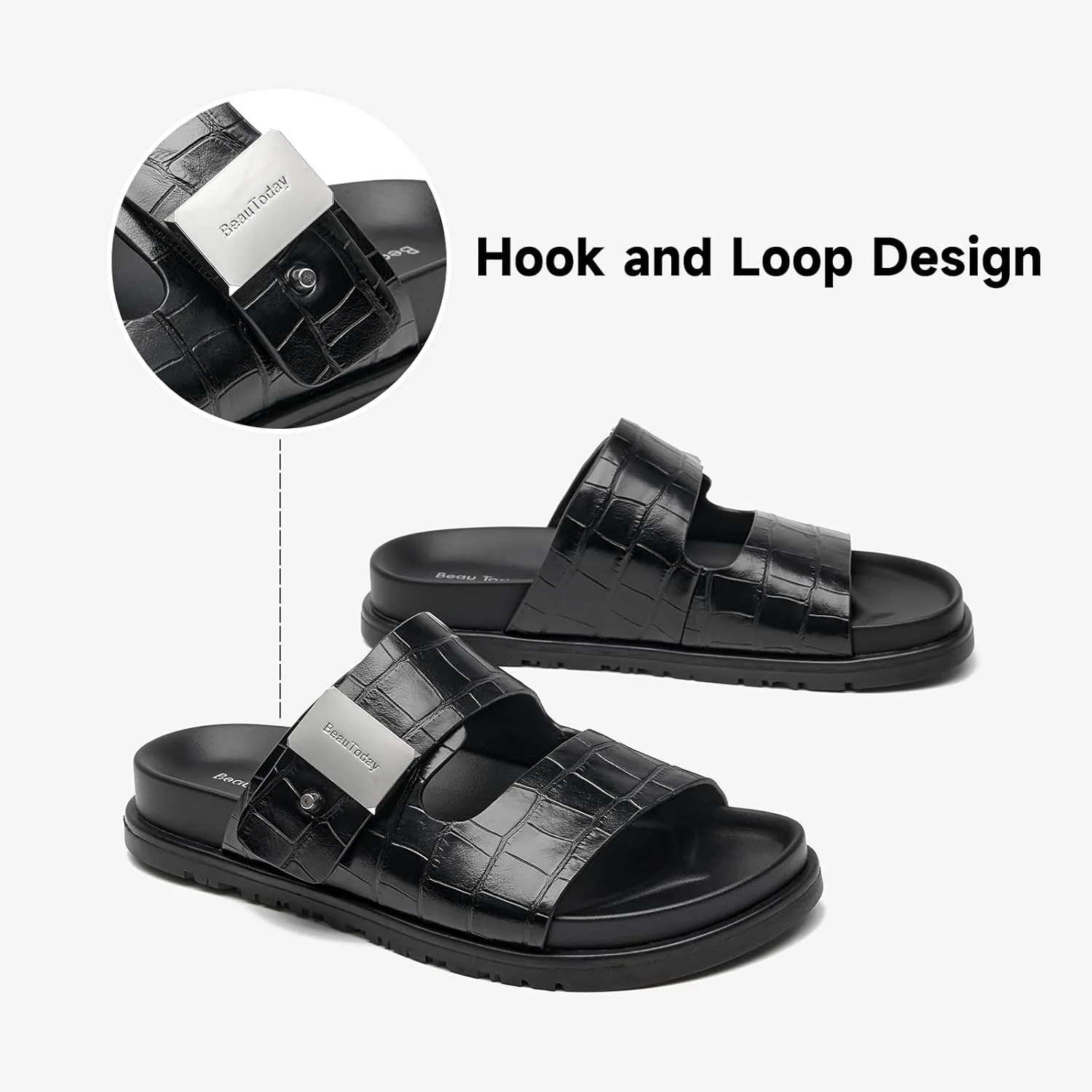 BEAU TODAY Flat Slide Sandals for Women Comfortable Footbed Sandals for Women Genuine Leather Slip on Fashion Strap Casua Dressy Beach Sandal