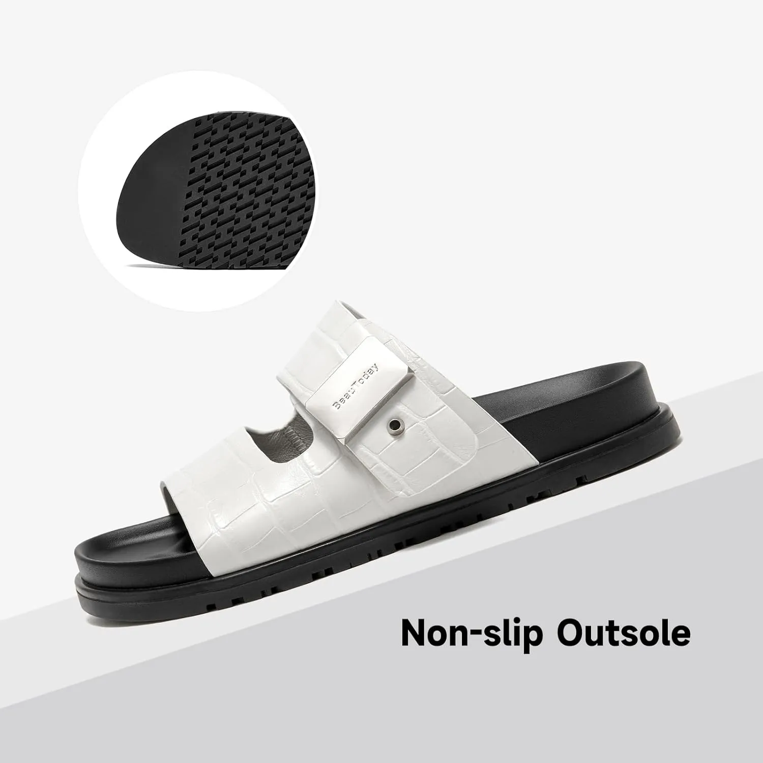 BEAU TODAY Flat Slide Sandals for Women Comfortable Footbed Sandals for Women Genuine Leather Slip on Fashion Strap Casua Dressy Beach Sandal