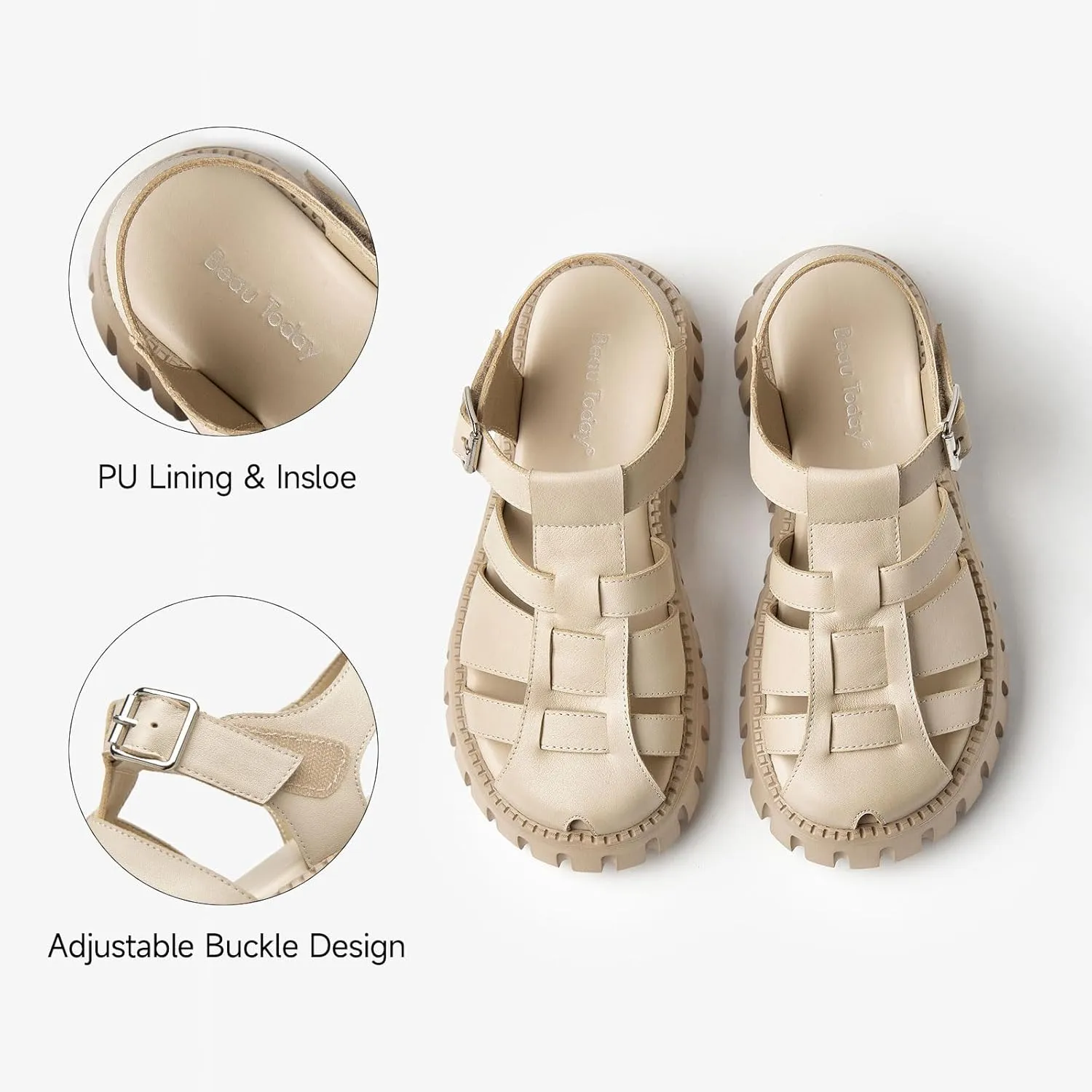 BEAU TODAY Women's Fisherman Platform Sandals,Adjustable Chunky Sandals for Women,Dressy Closed-Toe Roman Leather Sandals for Summer Vacation