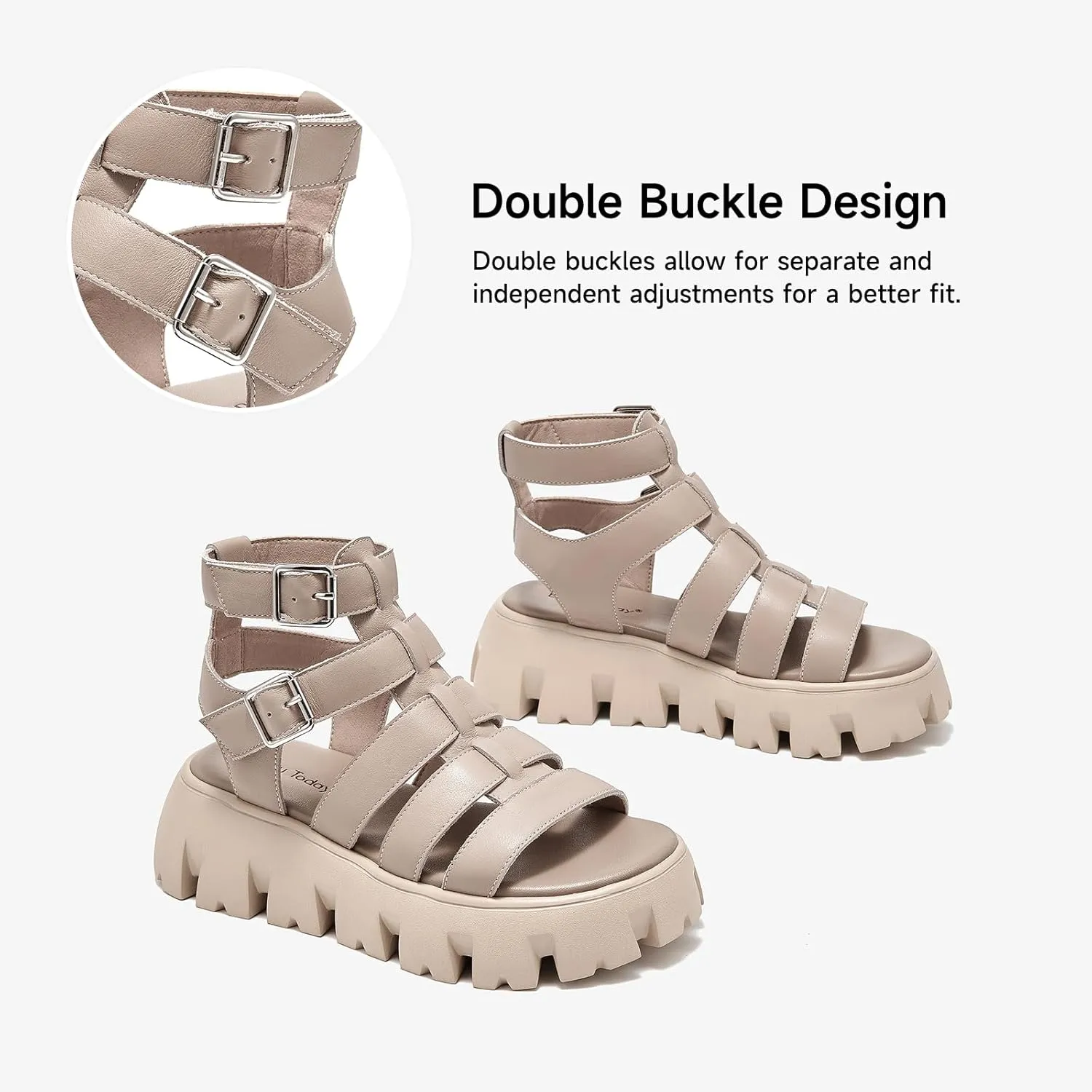 BEAU TODAY Womens Platform Sandals, Chunky Fisherman Sandals for Women, Leather Gladiator Sandals for Women with Open Toe, Fashion Comfortable Lightweight Dressy Shoes with Buckle