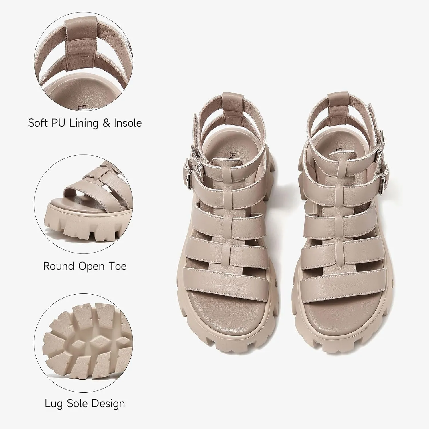 BEAU TODAY Womens Platform Sandals, Chunky Fisherman Sandals for Women, Leather Gladiator Sandals for Women with Open Toe, Fashion Comfortable Lightweight Dressy Shoes with Buckle