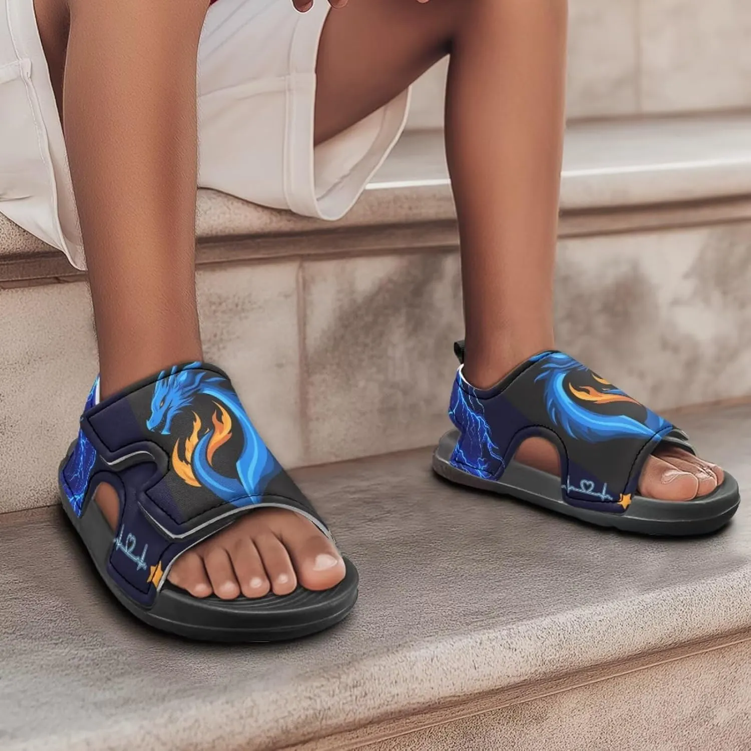 Boys Sandals Summer Kids Shoes Fire Dragon Print Open Toe Sport Outdoor Athletic Sandals Quick Dry Water Shoes