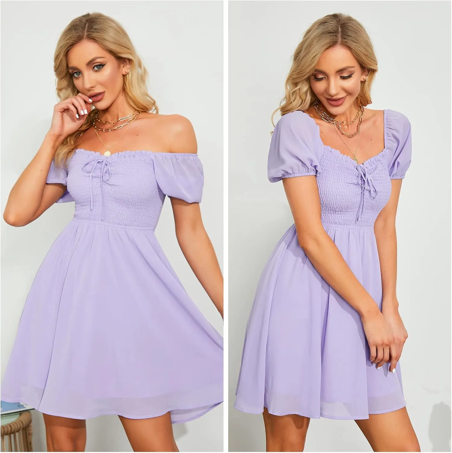 Byinns Women's Sweetheart Neckline Dress Smocked Sundress Puff Short Sleeve Drawstring Dresses