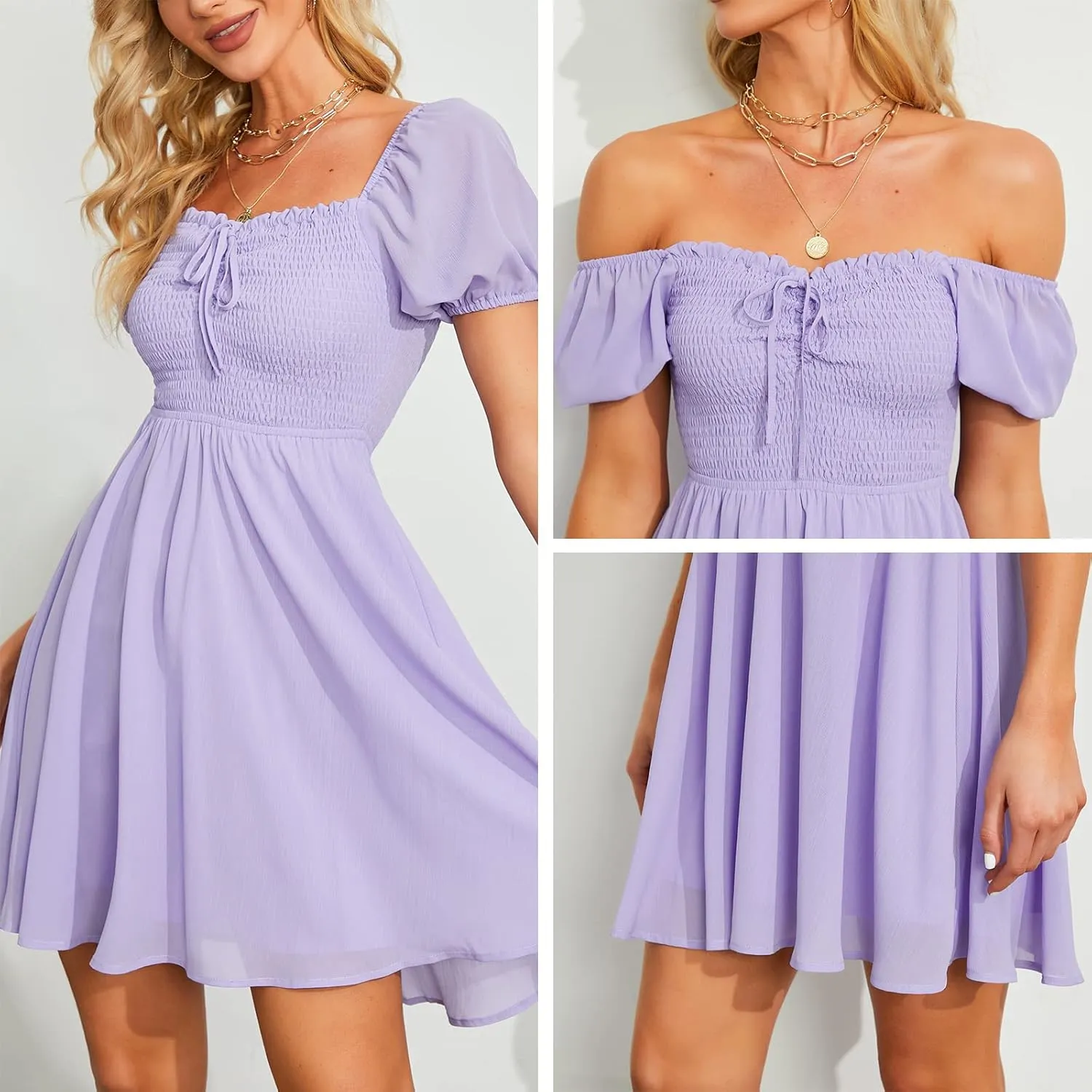 Byinns Women's Sweetheart Neckline Dress Smocked Sundress Puff Short Sleeve Drawstring Dresses