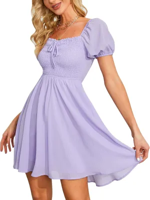 Byinns Women's Sweetheart Neckline Dress Smocked Sundress Puff Short Sleeve Drawstring Dresses