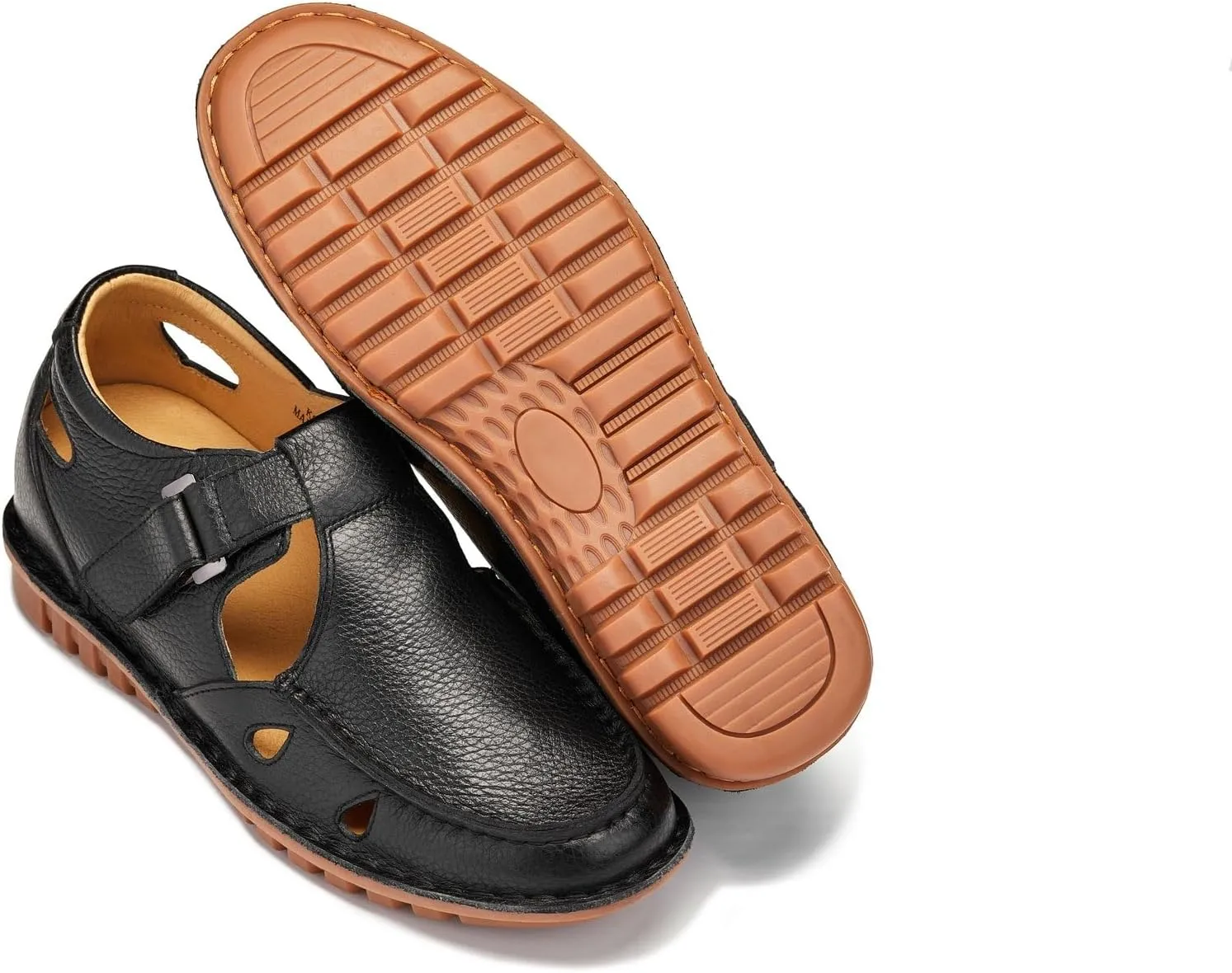CALTO Men's Invisible Height Increasing Elevator Shoes - Black Premium Leather Lightweight Casual Fisherman Sandals - 2.8 Inches Taller - K0751 - Size 7.5 D(M) US