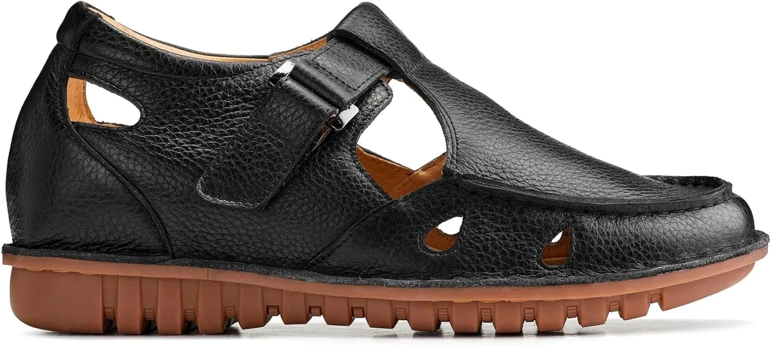 CALTO Men's Invisible Height Increasing Elevator Shoes - Black Premium Leather Lightweight Casual Fisherman Sandals - 2.8 Inches Taller - K0751 - Size 7.5 D(M) US