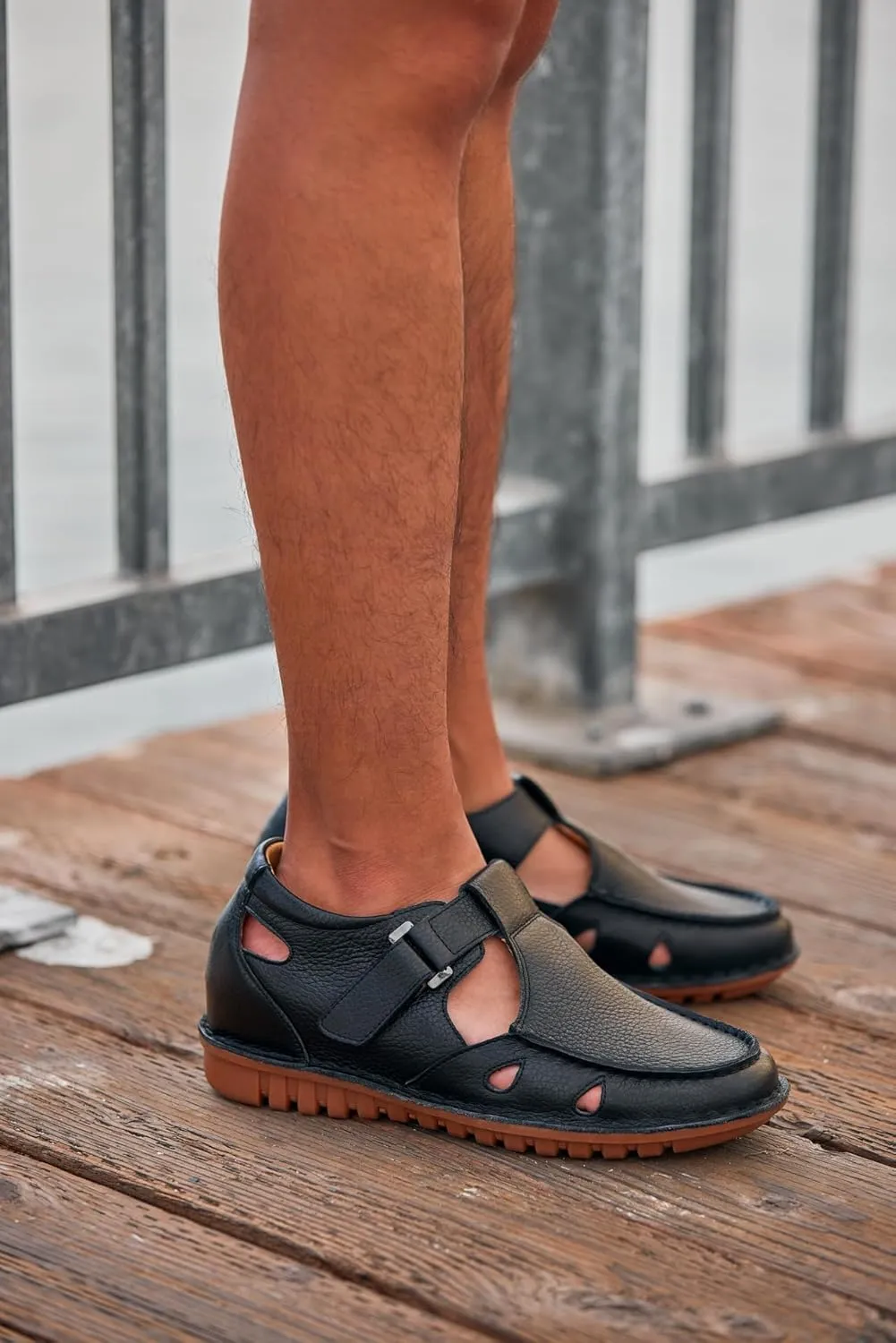 CALTO Men's Invisible Height Increasing Elevator Shoes - Black Premium Leather Lightweight Casual Fisherman Sandals - 2.8 Inches Taller - K0751 - Size 7.5 D(M) US