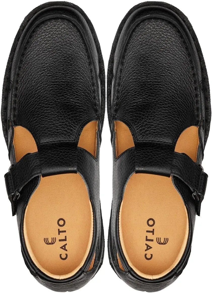 CALTO Men's Invisible Height Increasing Elevator Shoes - Black Premium Leather Lightweight Casual Fisherman Sandals - 2.8 Inches Taller - K0751 - Size 7.5 D(M) US