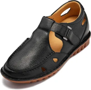 CALTO Men's Invisible Height Increasing Elevator Shoes - Black Premium Leather Lightweight Casual Fisherman Sandals - 2.8 Inches Taller - K0751 - Size 7.5 D(M) US