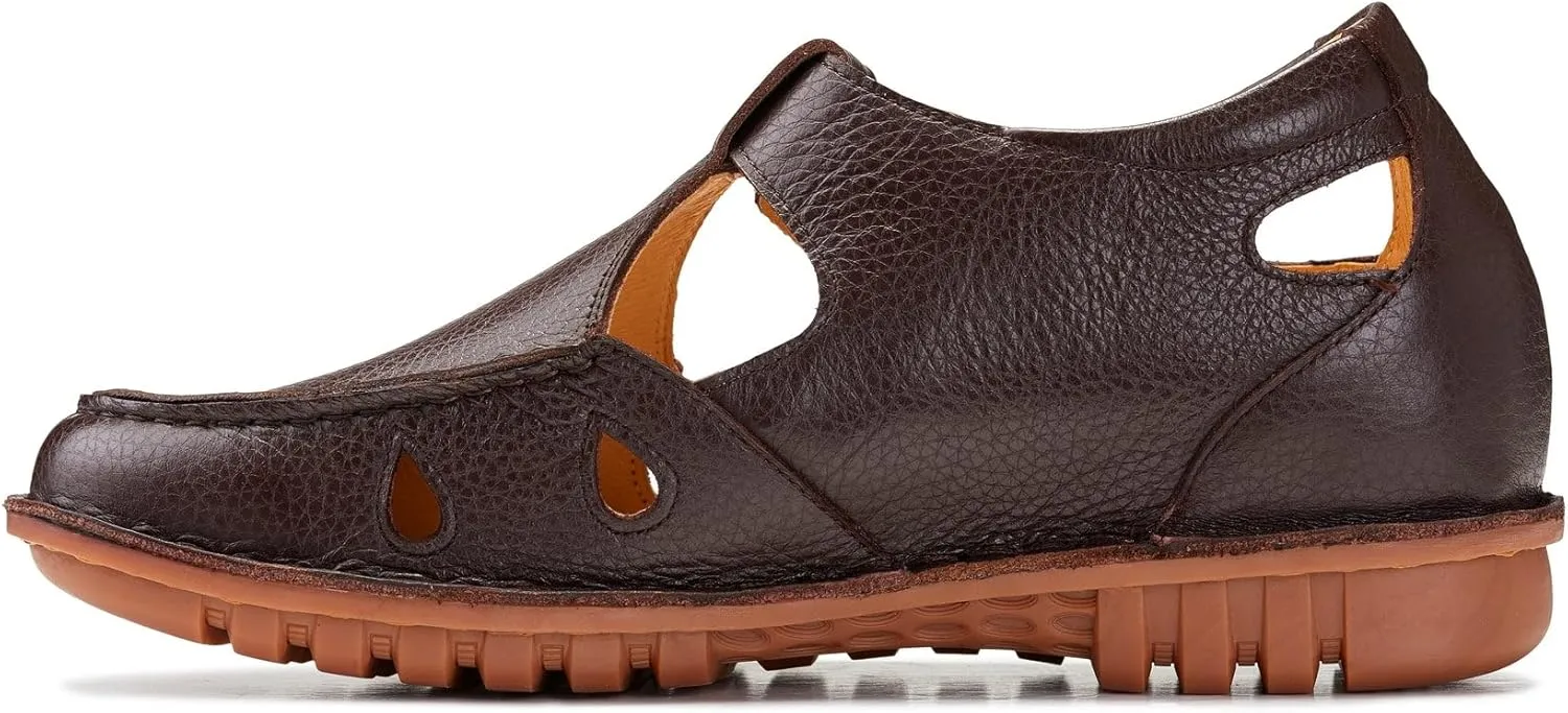 CALTO Men's Invisible Height Increasing Elevator Shoes - Coffee Brown Premium Leather Lightweight Casual Fisherman Sandals - 2.8 Inches Taller - K0752 - Size 8 D(M) US
