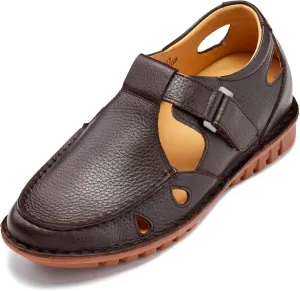 CALTO Men's Invisible Height Increasing Elevator Shoes - Coffee Brown Premium Leather Lightweight Casual Fisherman Sandals - 2.8 Inches Taller - K0752 - Size 8 D(M) US