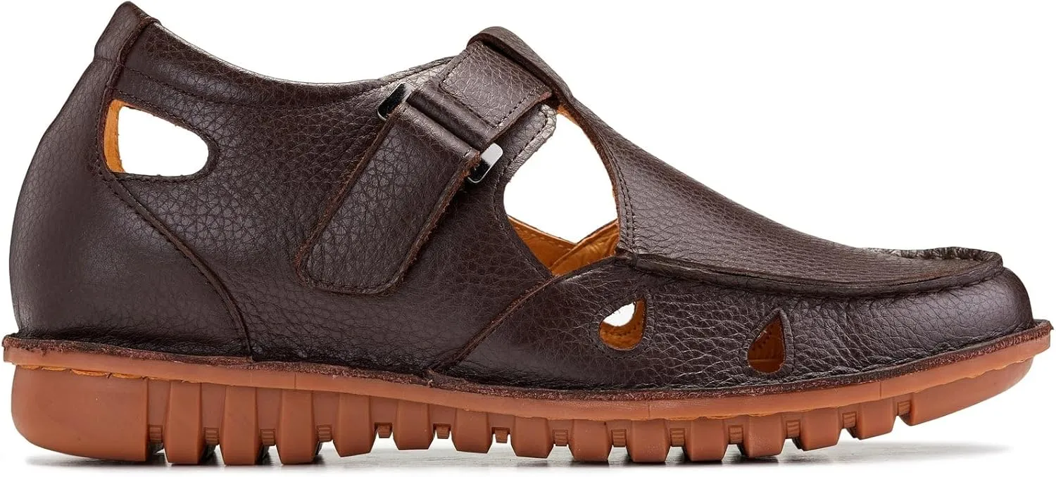CALTO Men's Invisible Height Increasing Elevator Shoes - Coffee Brown Premium Leather Lightweight Casual Fisherman Sandals - 2.8 Inches Taller - K0752 - Size 8 D(M) US
