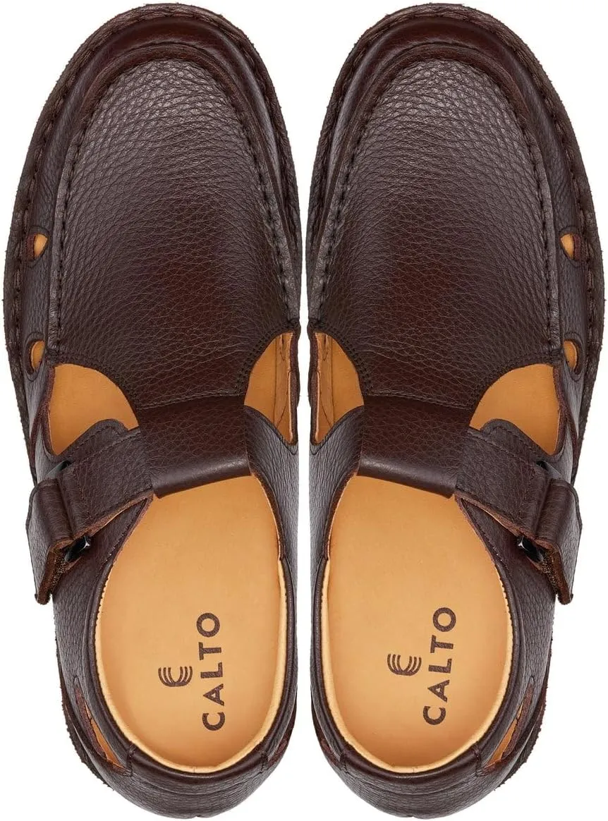 CALTO Men's Invisible Height Increasing Elevator Shoes - Coffee Brown Premium Leather Lightweight Casual Fisherman Sandals - 2.8 Inches Taller - K0752 - Size 8 D(M) US