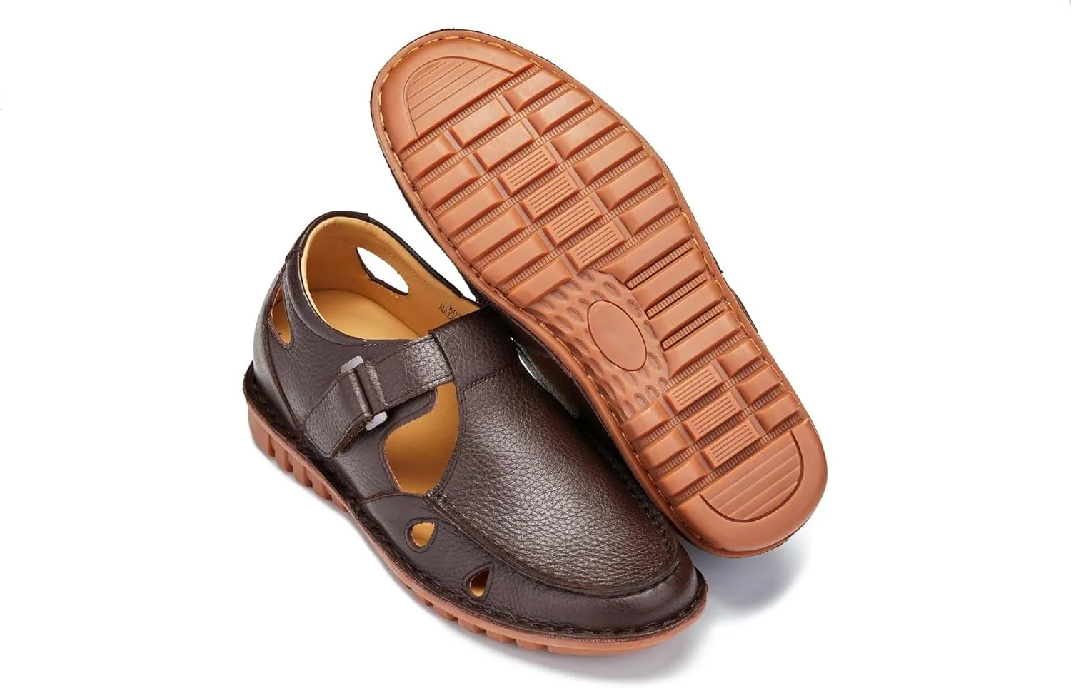 CALTO Men's Invisible Height Increasing Elevator Shoes - Coffee Brown Premium Leather Lightweight Casual Fisherman Sandals - 2.8 Inches Taller - K0752 - Size 8 D(M) US