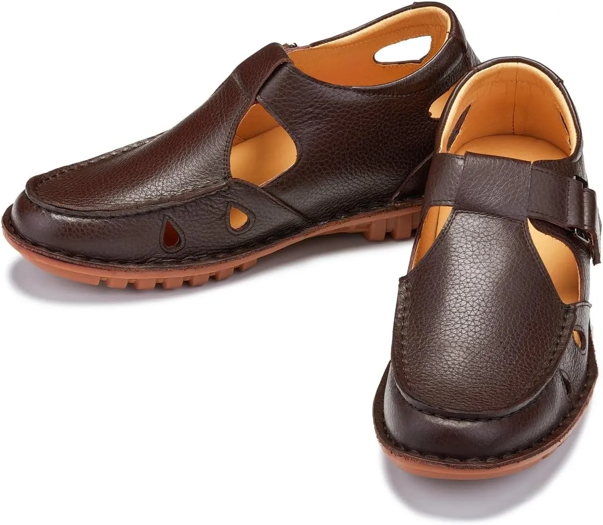 CALTO Men's Invisible Height Increasing Elevator Shoes - Coffee Brown Premium Leather Lightweight Casual Fisherman Sandals - 2.8 Inches Taller - K0752 - Size 8 D(M) US