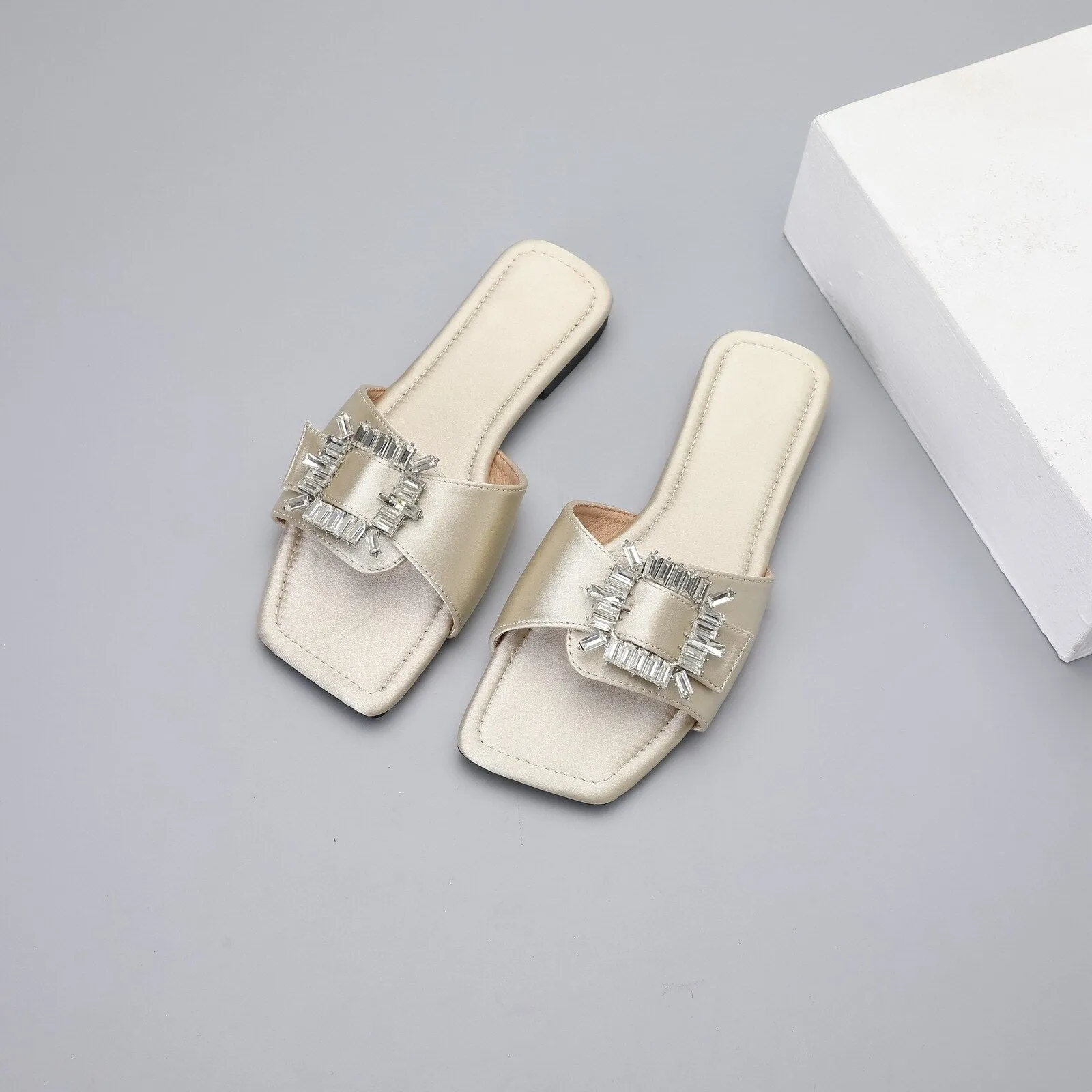 Chaitali Rhinestone Buckled Satin Slippers - 5 Colors