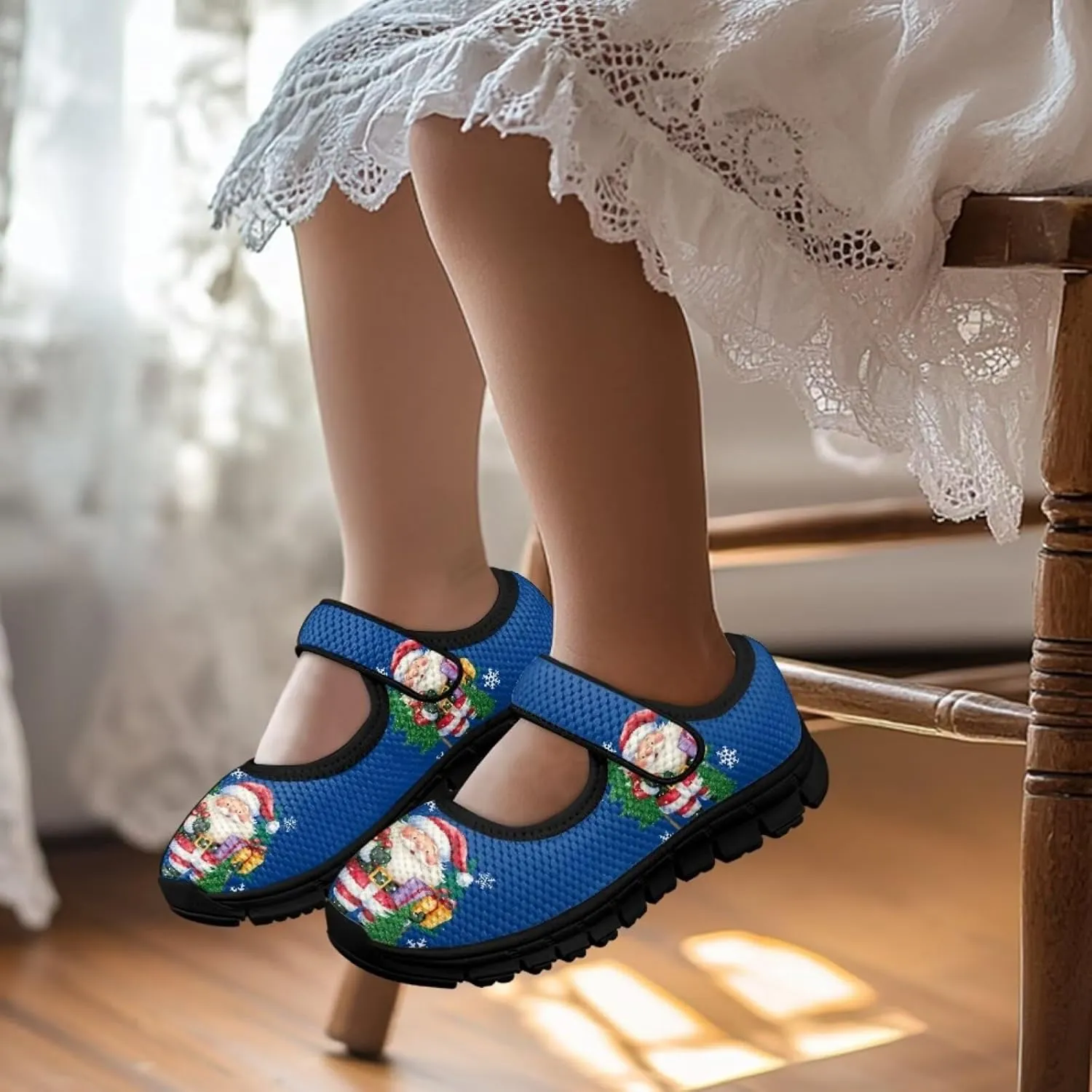 Christmas Print Girls Mary Jane Sneakers Dress Dance Shoes Athletic Walking Shoes for Outdoor Christmas Party,Activity,Wedding