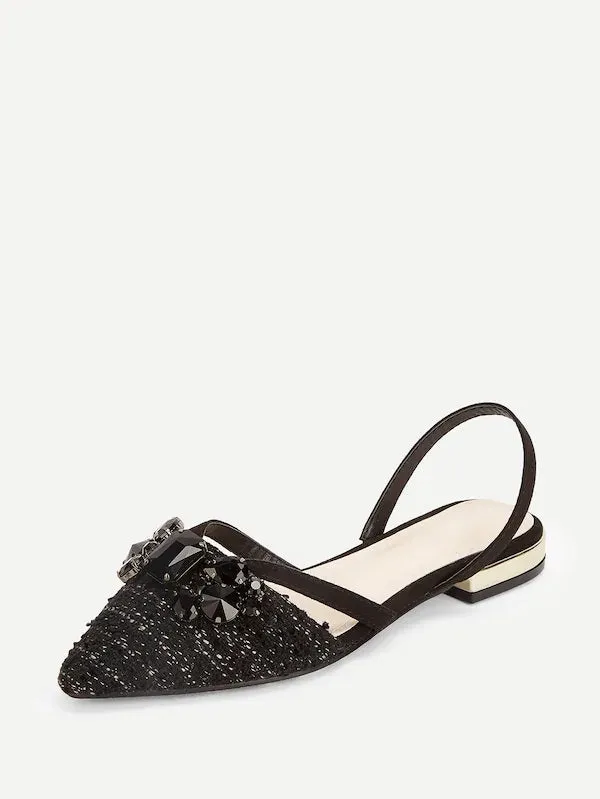 CM-SHS231708 Women Casual Seoul Style Tweed Jewelled Decorated Slingback Flats - Black