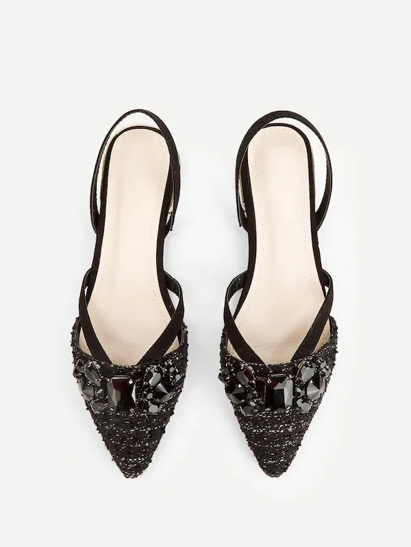 CM-SHS231708 Women Casual Seoul Style Tweed Jewelled Decorated Slingback Flats - Black