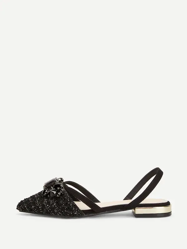 CM-SHS231708 Women Casual Seoul Style Tweed Jewelled Decorated Slingback Flats - Black