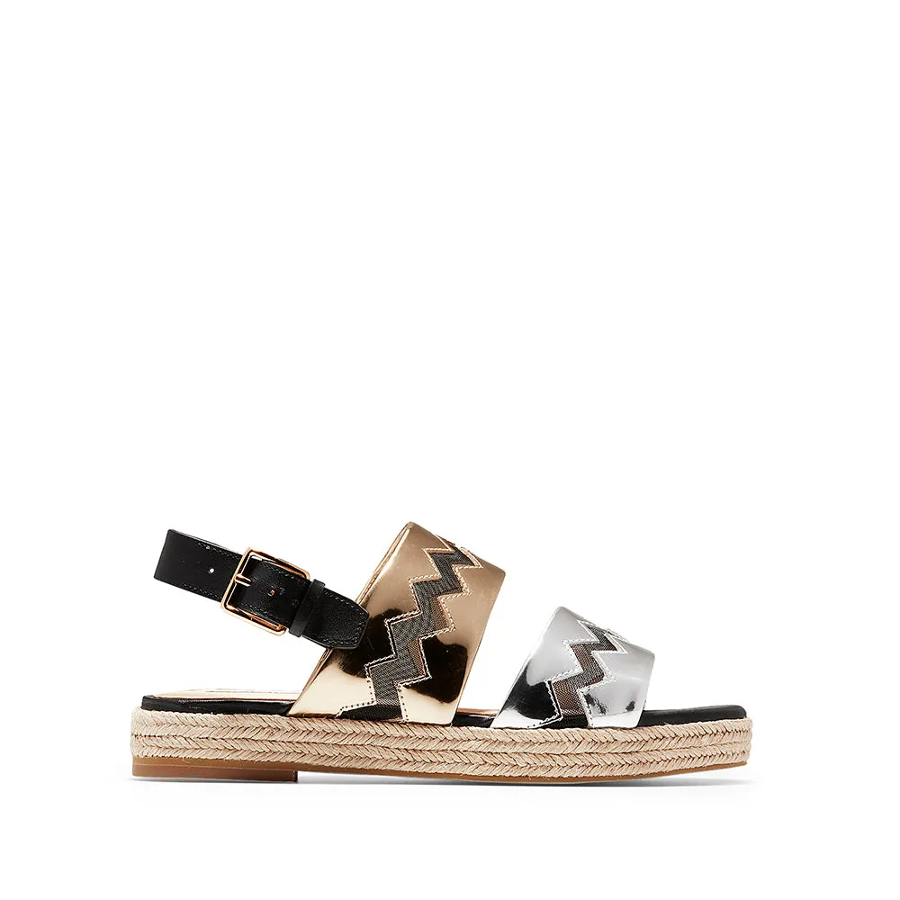 Cole Haan Emilia Espadrilles Sandal Black Leather Gold/Silver