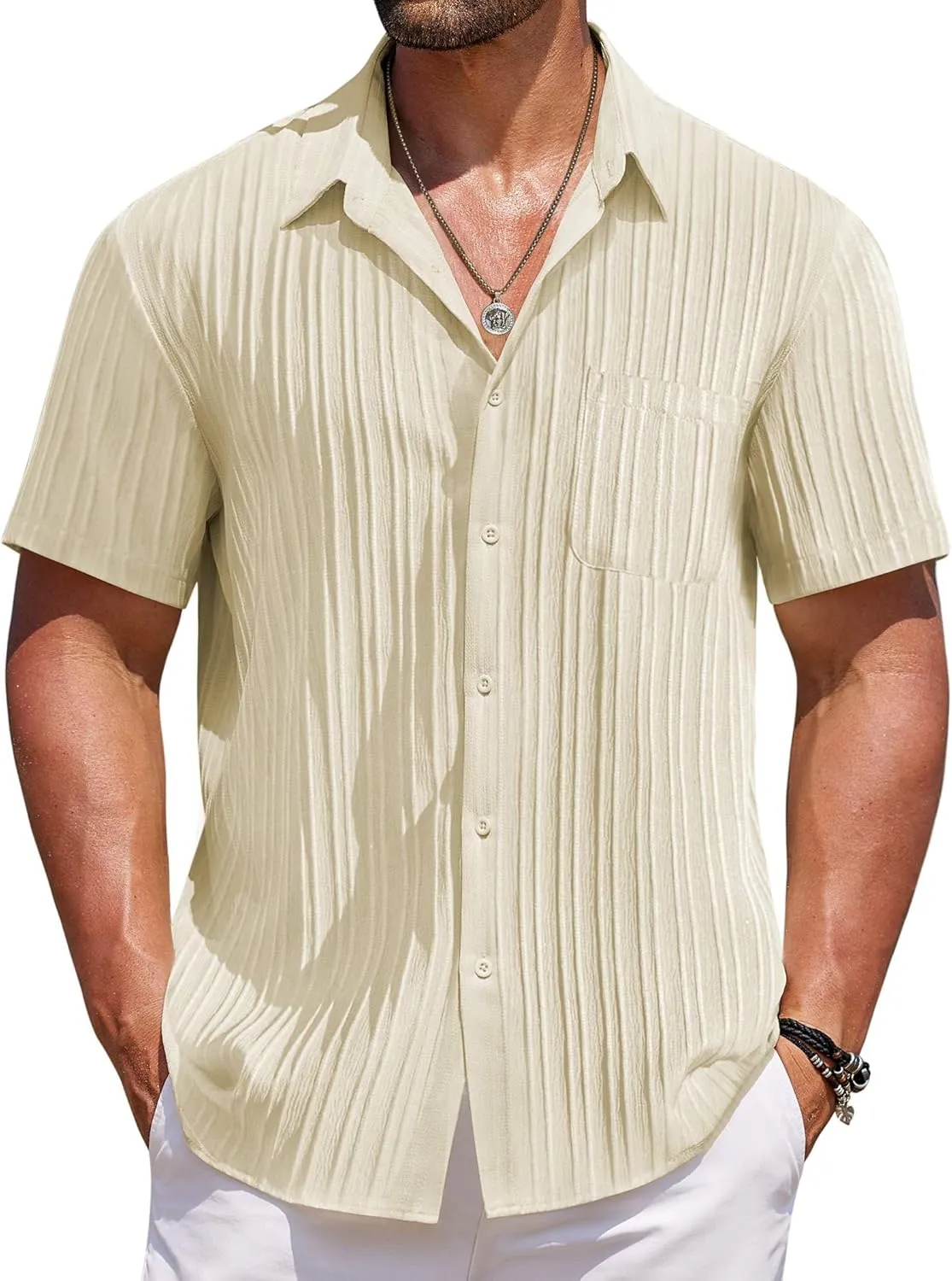 COOFANDY Men's Casual Short Sleeve Button Down Shirts Textured Summer Beach Shirts Hawaiian Floral Vacation Shirts
