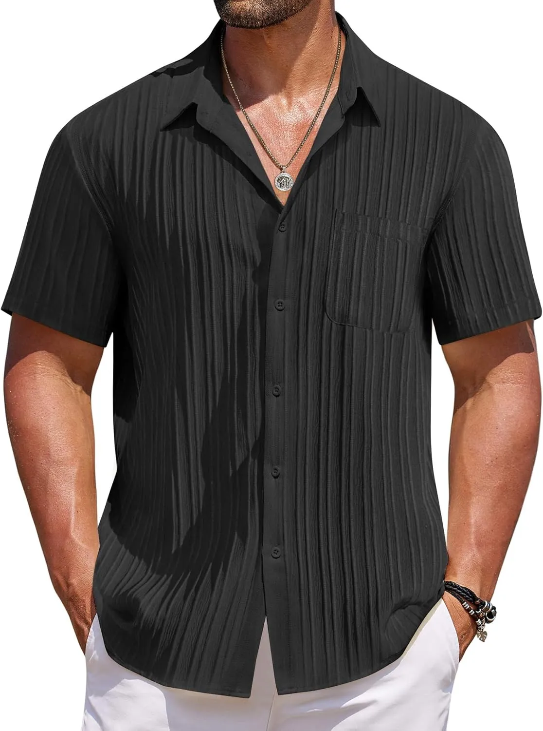COOFANDY Men's Casual Short Sleeve Button Down Shirts Textured Summer Beach Shirts Hawaiian Floral Vacation Shirts