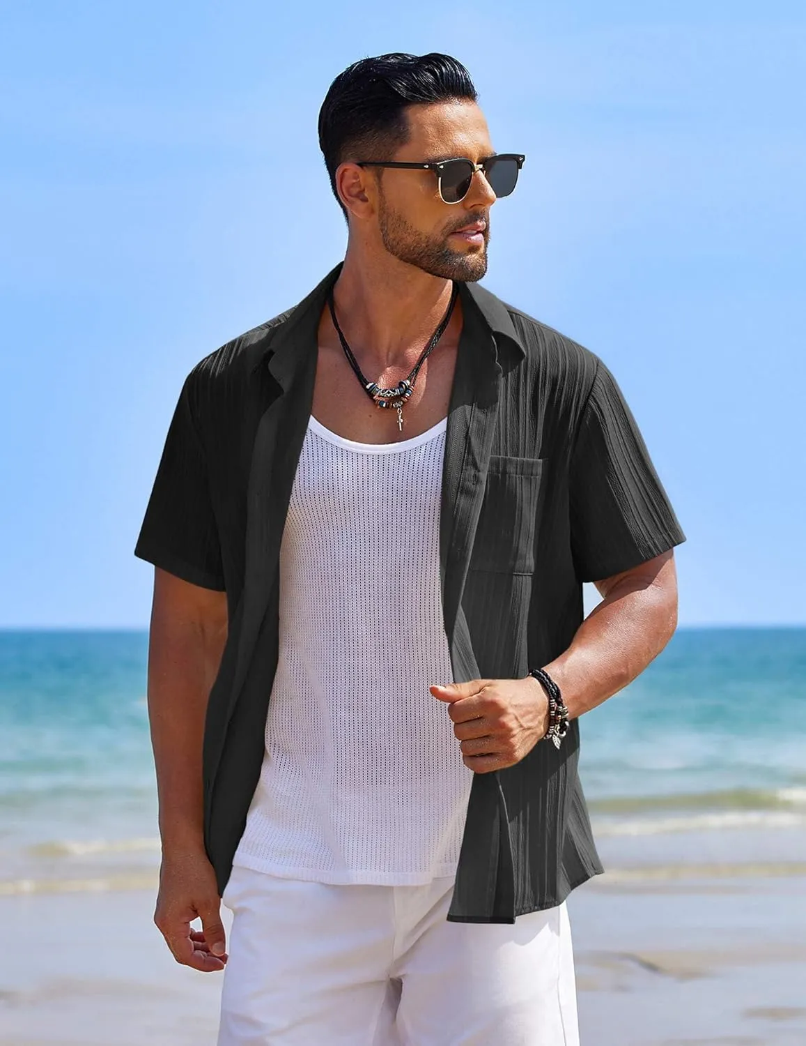 COOFANDY Men's Casual Short Sleeve Button Down Shirts Textured Summer Beach Shirts Hawaiian Floral Vacation Shirts